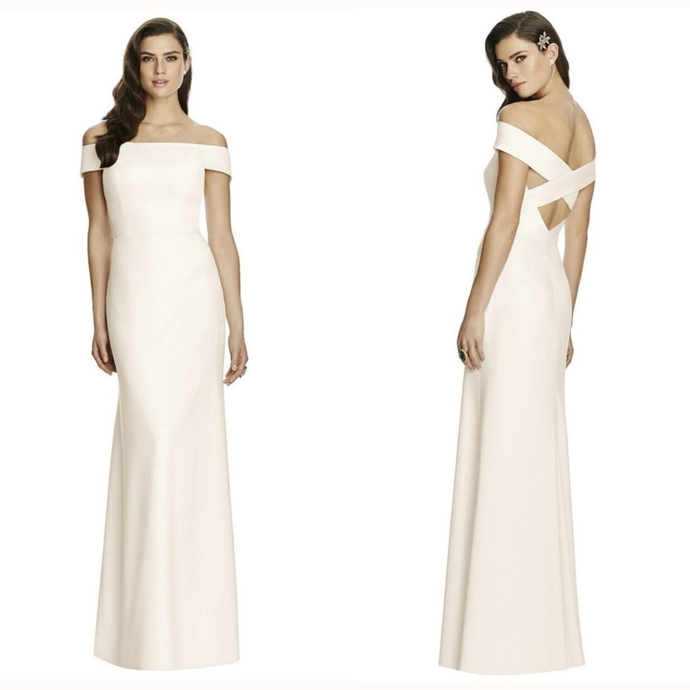 Dessy Collection Off-the-Shoulder Criss Cross Back Trumpet Gown 2987 Ivory
